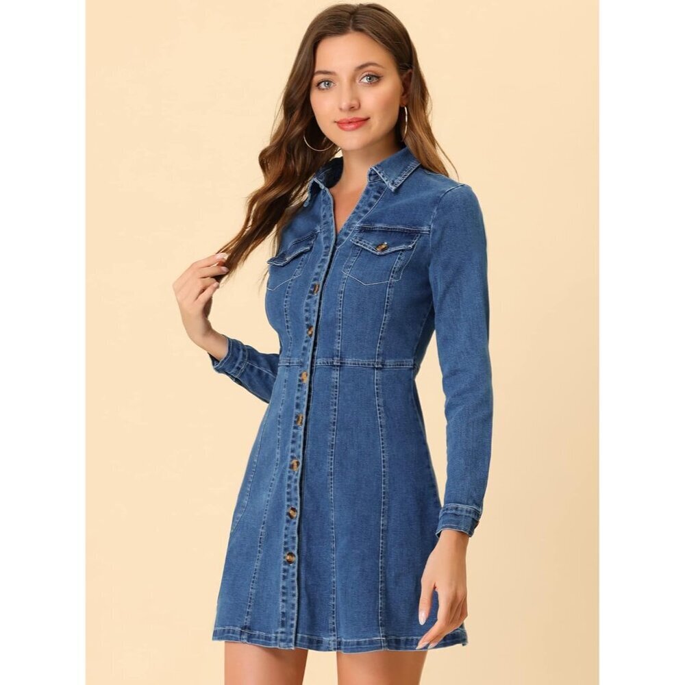 Women's Denim Dress Button Down Collar V Neck Long Sleeve A-line Cotton Jean Dre - Picture 4 of 6